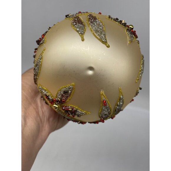 Vintage Kirkland Jeweled Poinsettia Glass Ornament Seed Beads Gliter Ball pair - Picture 10 of 13